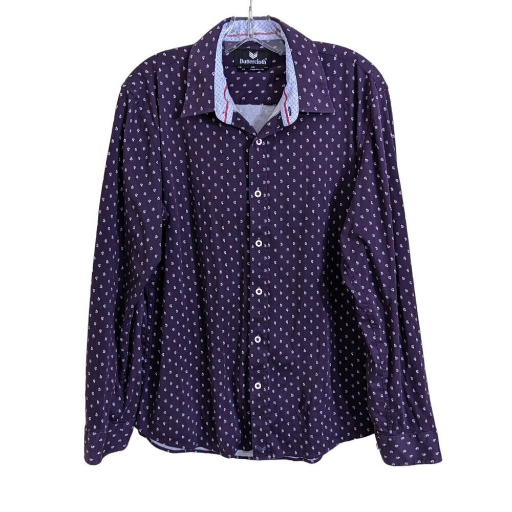 Buttercloth Button Up Shirt Mens XL Cotton Long Sleeve Plum Geometric Print
